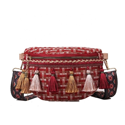 Tassel Decor Adjustable Strap Waist Bags Plaid Pattern Waterproof Cycling Bum Bag OEM