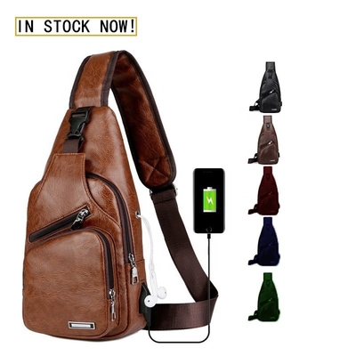 Usb Rechargeable Chest Bags PU Men's Casual Waterproof Multifunctional Chest Bag